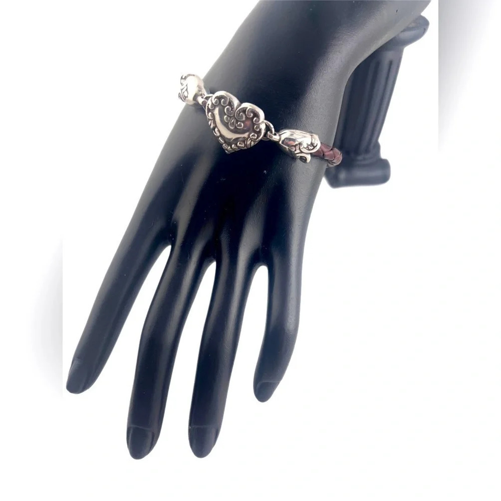Brighton Silver Victorian Heart Brown Leather Bar Bead Retired Bracelet NWOT